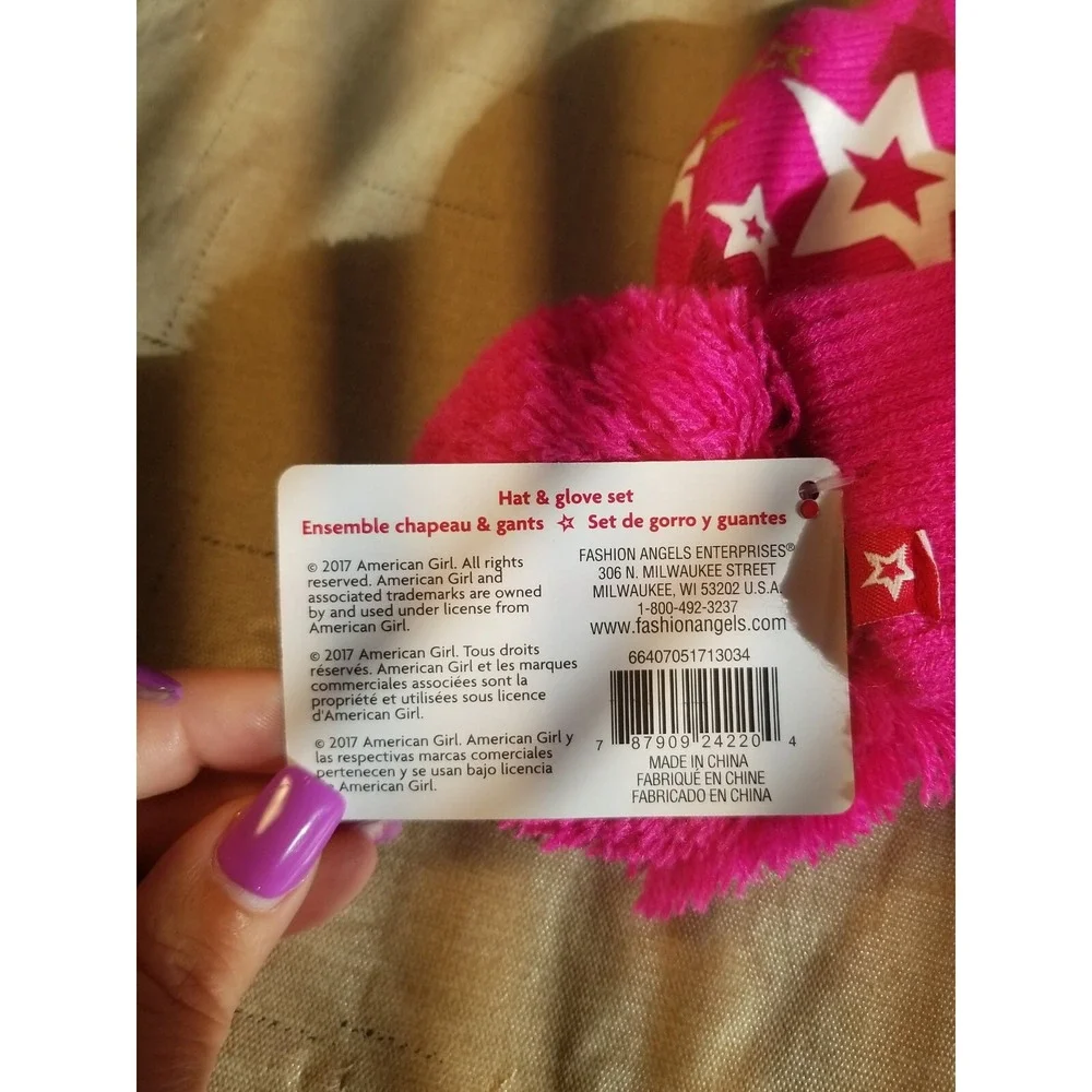 American  Girl  Pink/Gold Star  Pom Pom‎ Tie Knit Hat/Gloves Size 8+ Years